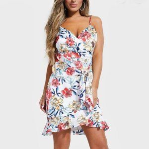 GUESS White Floral Wrap Dress with Tie Front Detail